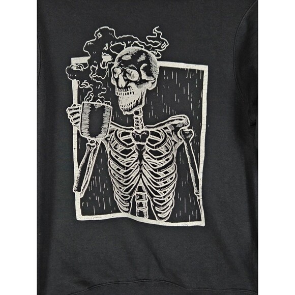 Port & Company Sweatshirt S Black Crewneck Skeleton Coffee Graphic Dark Goth - Picture 2 of 6